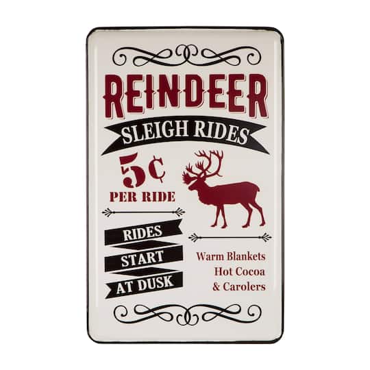 Glitzhome&#xAE; Reindeer Sleigh Rides Farmhouse Metal Enamel Sign